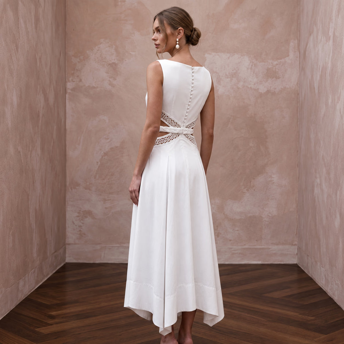 White Cotton Poplin Cut-Out Waist Midi Dress for Casual Civil Union