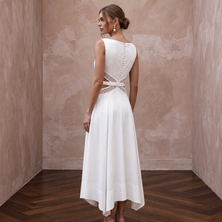 White Cotton Poplin Cut-Out Waist Midi Dress for Casual Civil Union