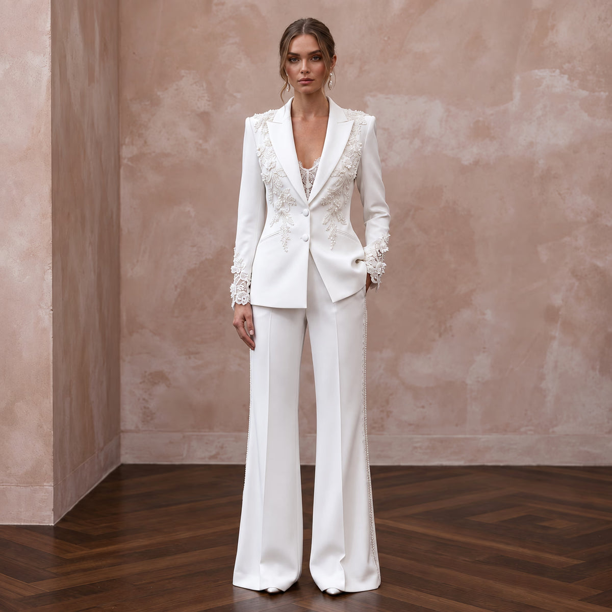 White Crepe Tailored Bridal Blazer and Wide Leg Trouser Set Main image