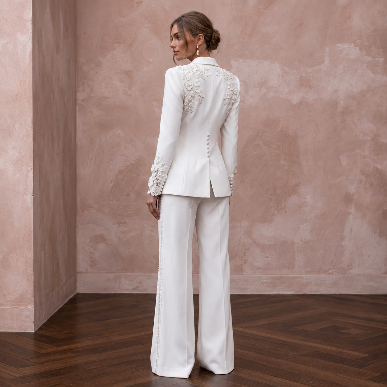 White Crepe Tailored Bridal Blazer and Wide Leg Trouser Set Secondary image