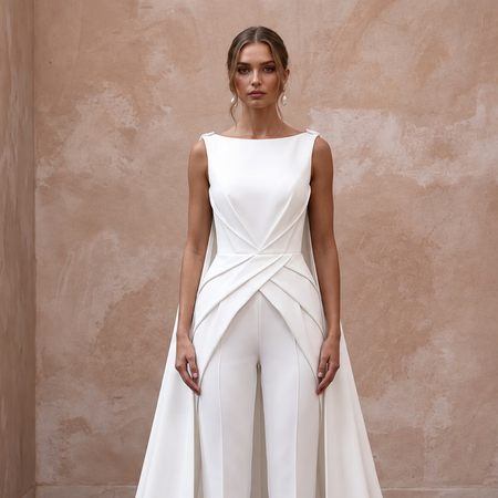 White Crepe Tailored Bridal Jumpsuit with Watteau Train for Civil Union