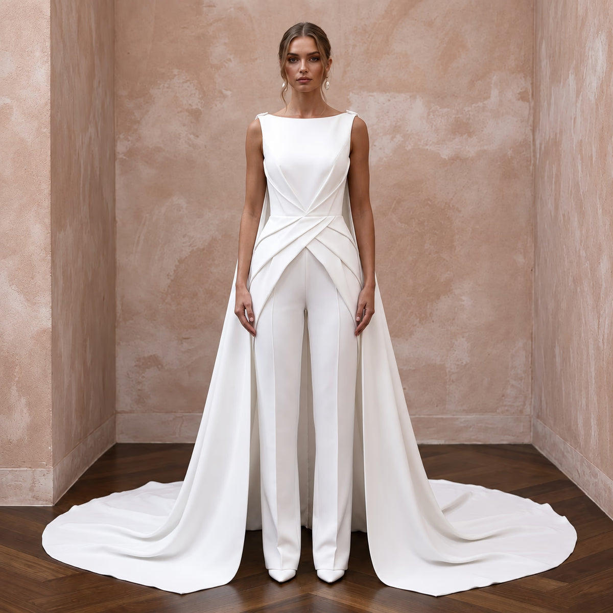 White Crepe Tailored Bridal Jumpsuit with Watteau Train for Civil Union - Apparel & Accessories > Clothing > Wedding & Bridal Party Dresses > Wedding Dresses - Mignonette Bridal Main image