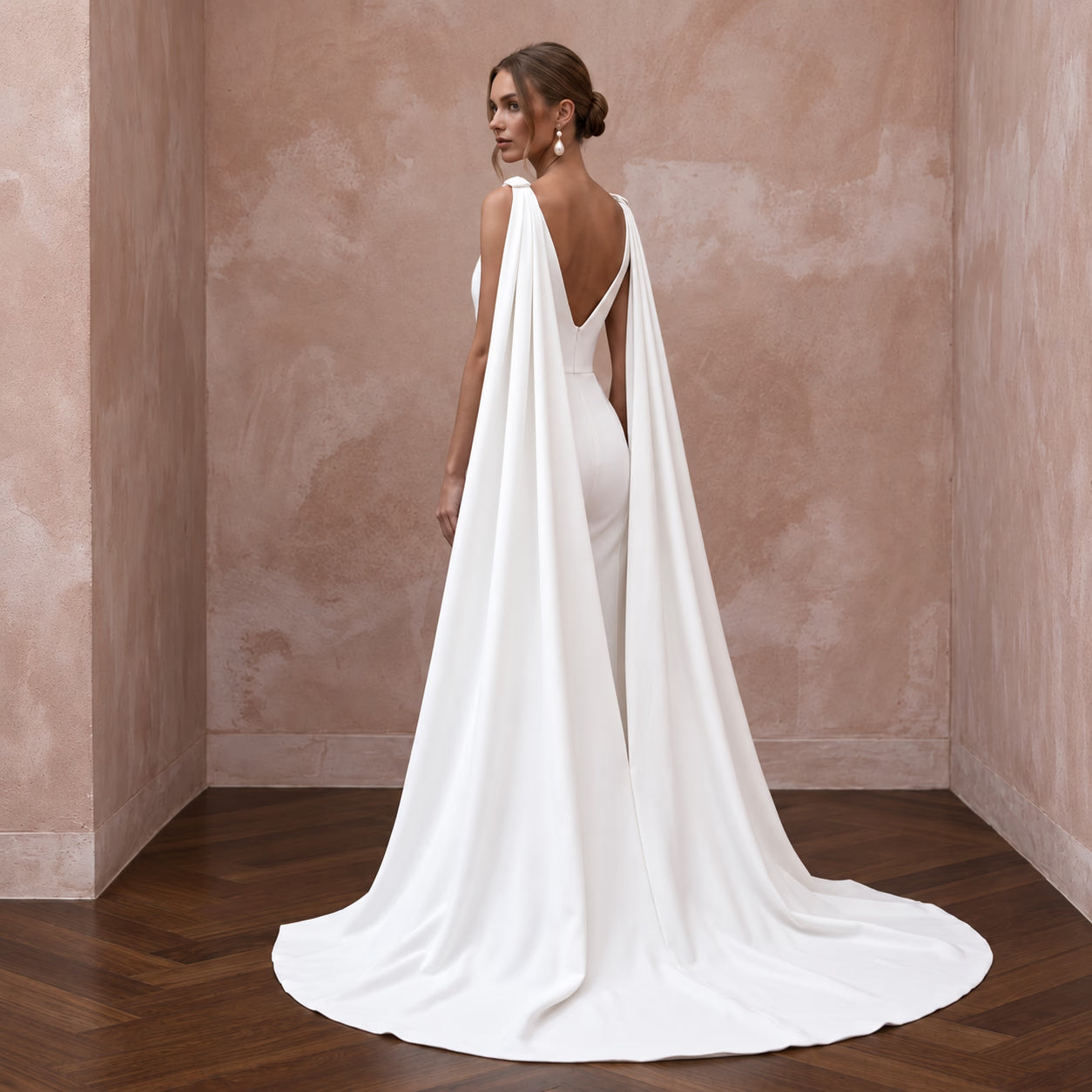 White Crepe Tailored Bridal Jumpsuit with Watteau Train for Civil Union Secondary image