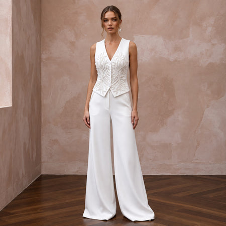 White Crepe Tailored Bridal Suit Vest and Wide Leg Trouser Set - Apparel & Accessories > Clothing > Wedding & Bridal Party Dresses > Wedding Dresses - Mignonette Bridal
