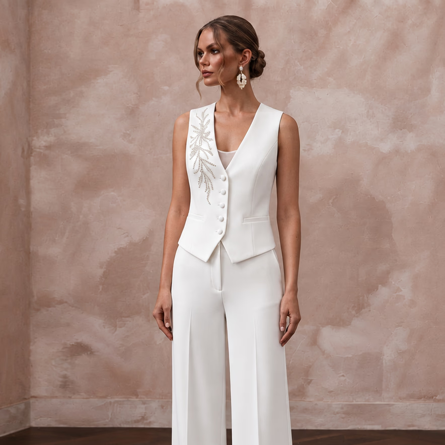White Crepe Tailored Bridal Suit Vest and Wide Leg Trouser Set