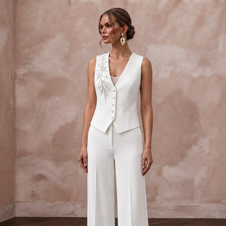 White Crepe Tailored Bridal Suit Vest and Wide Leg Trouser Set