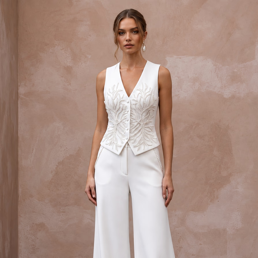 White Crepe Tailored Bridal Suit Vest and Wide Leg Trouser Set - Apparel & Accessories > Clothing > Wedding & Bridal Party Dresses > Wedding Dresses - Mignonette Bridal