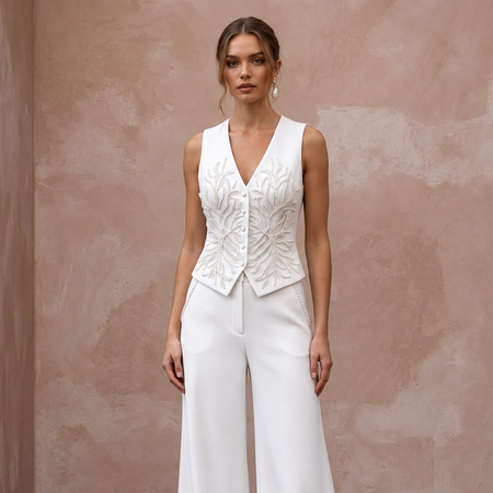 White Crepe Tailored Bridal Suit Vest and Wide Leg Trouser Set - Apparel & Accessories > Clothing > Wedding & Bridal Party Dresses > Wedding Dresses - Mignonette Bridal