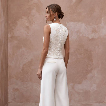 White Crepe Tailored Bridal Suit Vest and Wide Leg Trouser Set - Apparel & Accessories > Clothing > Wedding & Bridal Party Dresses > Wedding Dresses - Mignonette Bridal