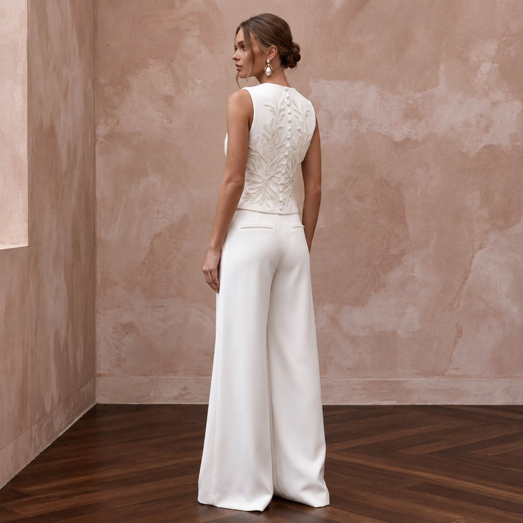 White Crepe Tailored Bridal Suit Vest and Wide Leg Trouser Set - Apparel & Accessories > Clothing > Wedding & Bridal Party Dresses > Wedding Dresses - Mignonette Bridal