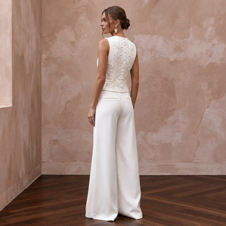 White Crepe Tailored Bridal Suit Vest and Wide Leg Trouser Set - Apparel & Accessories > Clothing > Wedding & Bridal Party Dresses > Wedding Dresses - Mignonette Bridal