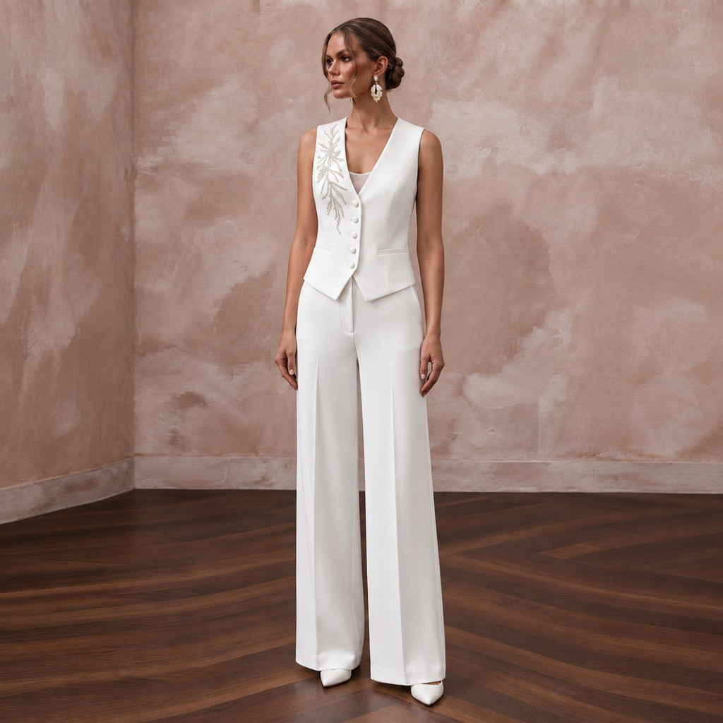 White Crepe Tailored Bridal Suit Vest and Wide Leg Trouser Set