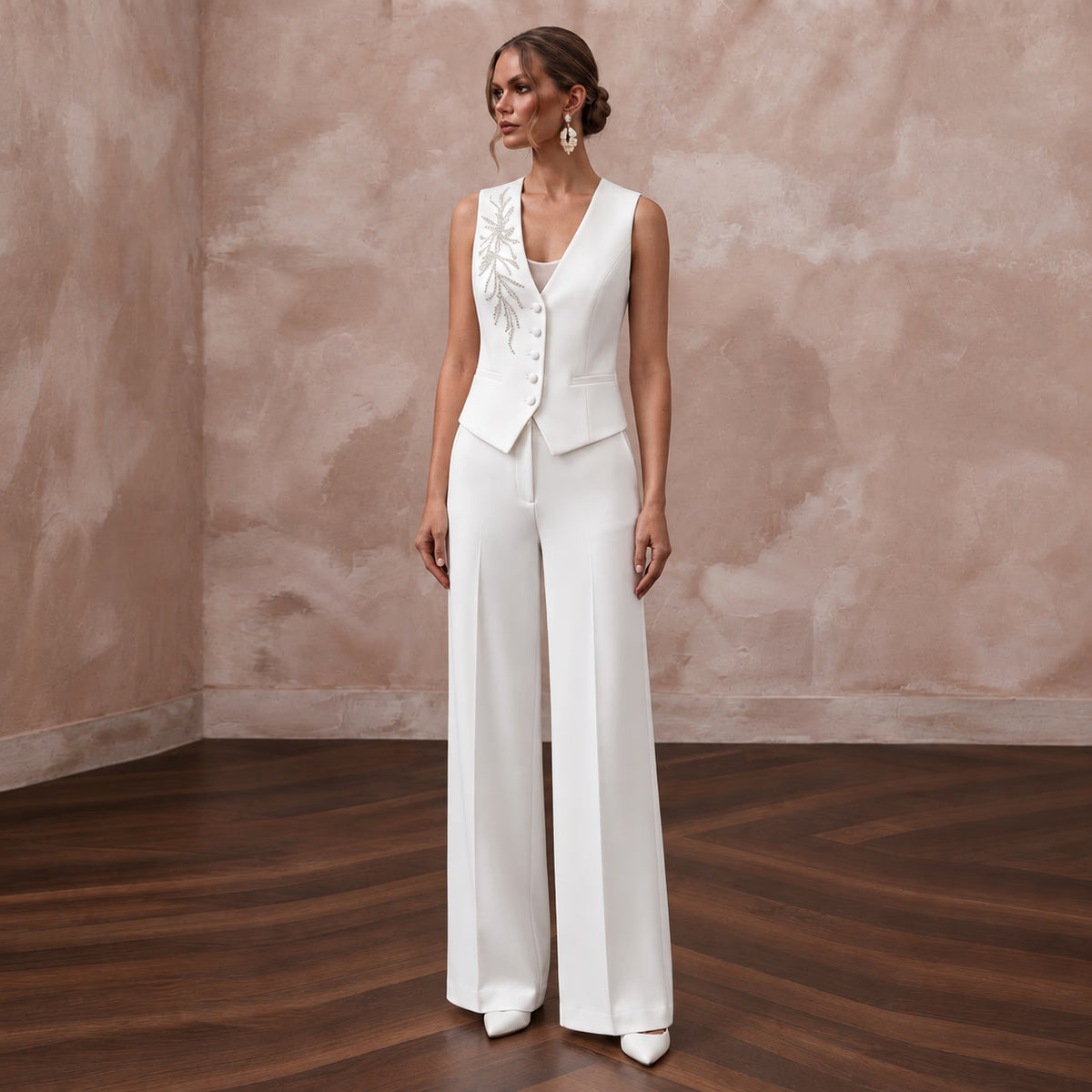White Crepe Tailored Bridal Suit Vest and Wide Leg Trouser Set