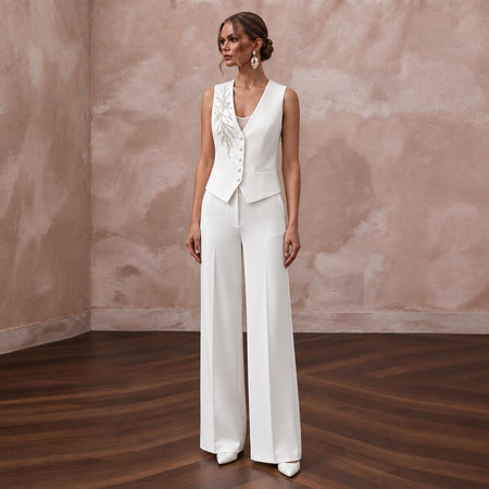 White Crepe Tailored Bridal Suit Vest and Wide Leg Trouser Set