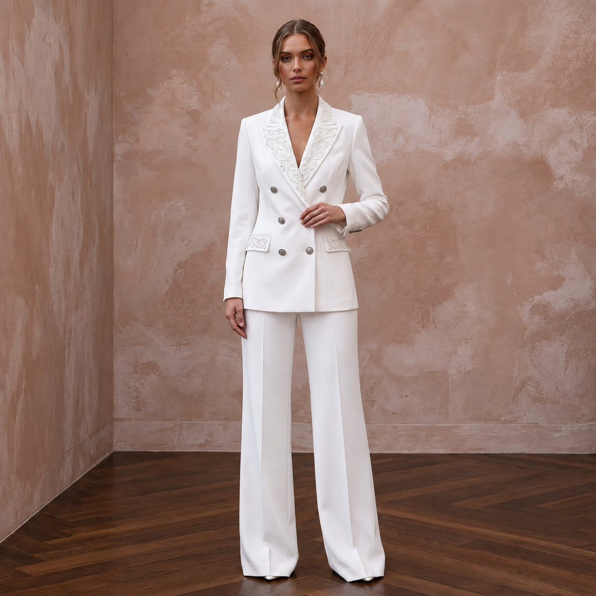 White Crepe Tailored Double - Breasted Bridal Blazer and Wide Leg Pants - Apparel & Accessories > Clothing > Wedding & Bridal Party Dresses > Wedding Dresses - Mignonette Bridal Main image