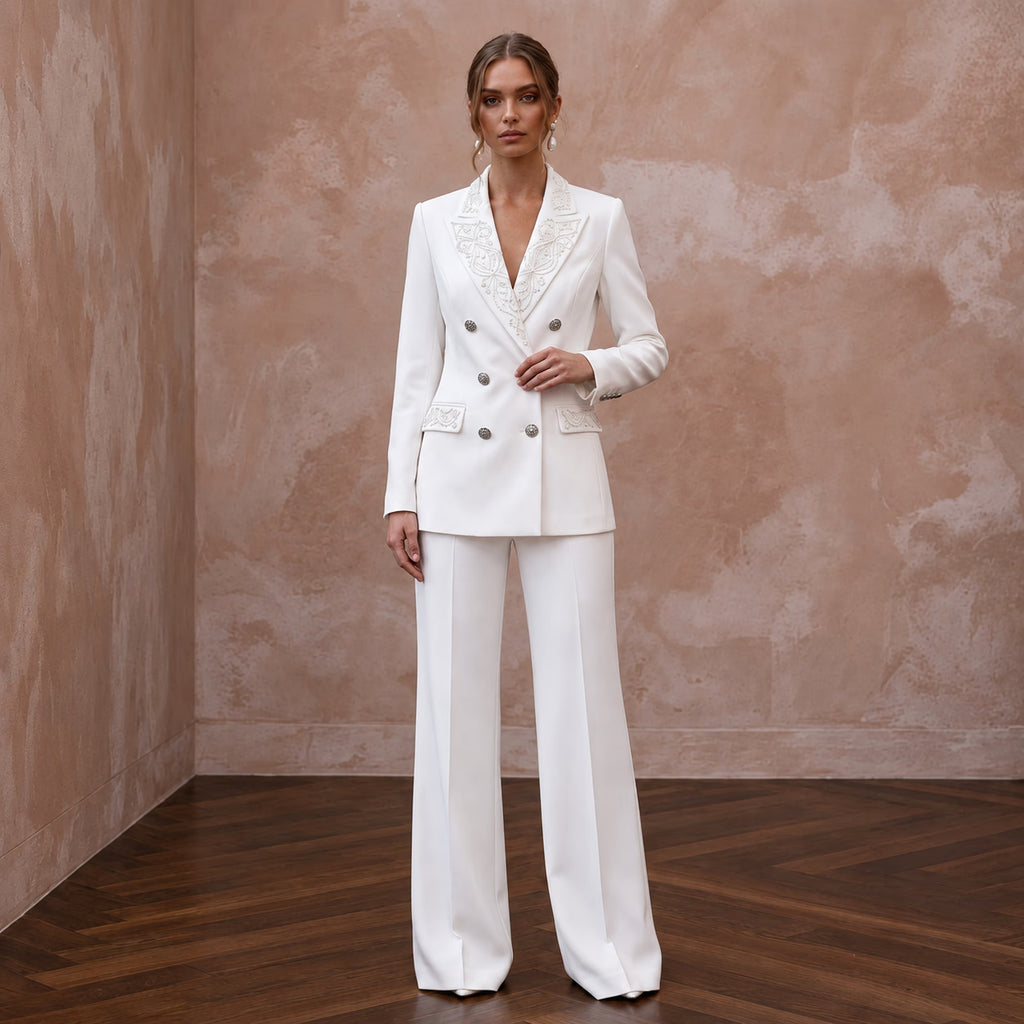 White Crepe Tailored Double - Breasted Bridal Blazer and Wide Leg Pants - Apparel & Accessories > Clothing > Wedding & Bridal Party Dresses > Wedding Dresses - Mignonette Bridal