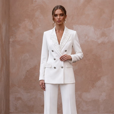 White Crepe Tailored Double - Breasted Bridal Blazer and Wide Leg Pants - Apparel & Accessories > Clothing > Wedding & Bridal Party Dresses > Wedding Dresses - Mignonette Bridal