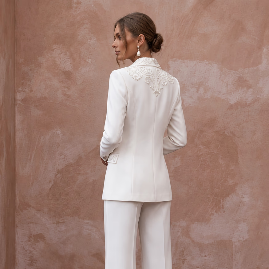 White Crepe Tailored Double - Breasted Bridal Blazer and Wide Leg Pants - Apparel & Accessories > Clothing > Wedding & Bridal Party Dresses > Wedding Dresses - Mignonette Bridal