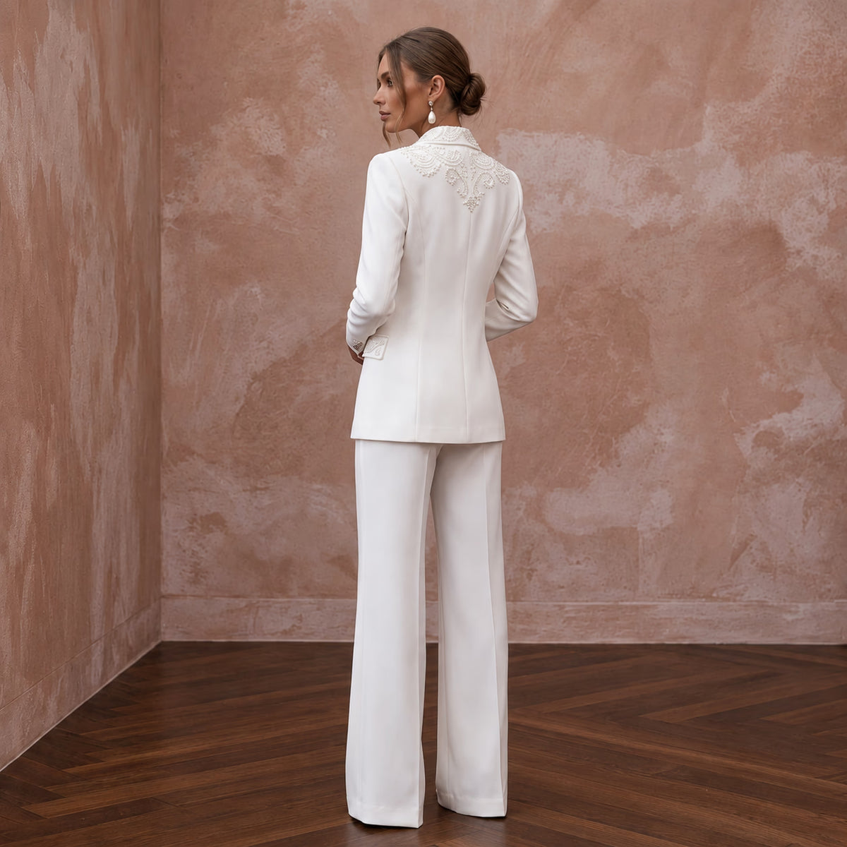 White Crepe Tailored Double - Breasted Bridal Blazer and Wide Leg Pants - Apparel & Accessories > Clothing > Wedding & Bridal Party Dresses > Wedding Dresses - Mignonette Bridal