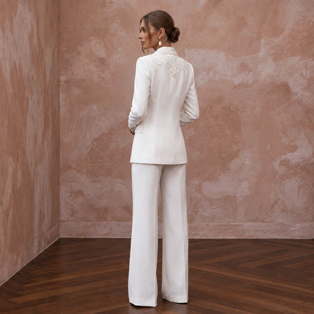 White Crepe Tailored Double - Breasted Bridal Blazer and Wide Leg Pants - Apparel & Accessories > Clothing > Wedding & Bridal Party Dresses > Wedding Dresses - Mignonette Bridal