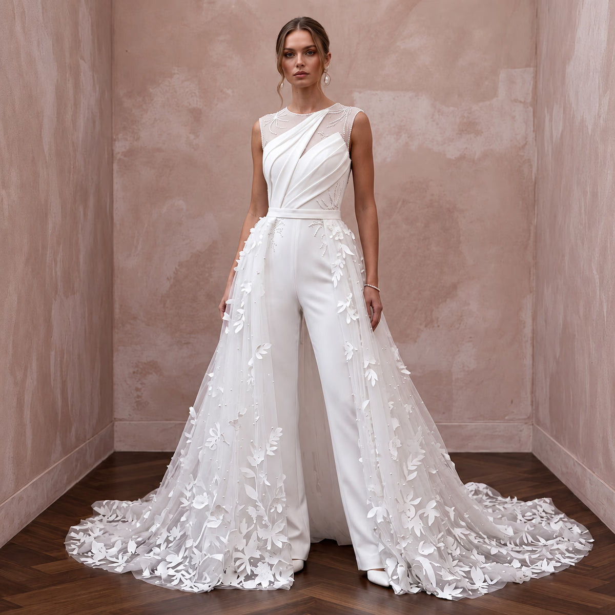 White Crepe Tailored Jumpsuit with Detachable Tulle Overskirt Main image