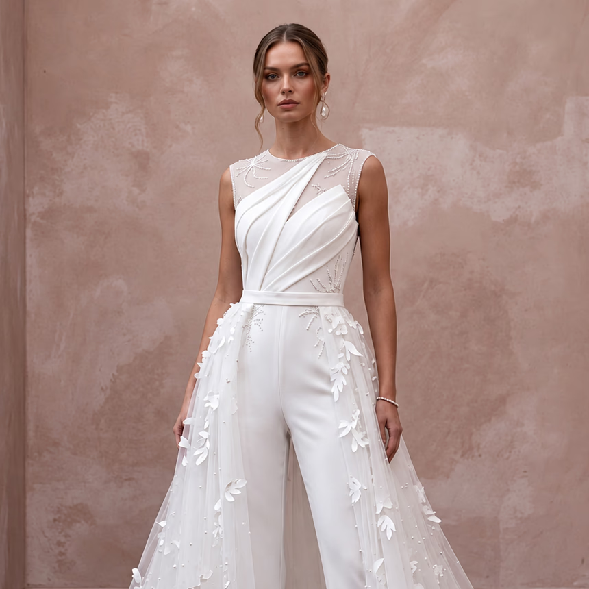 White Crepe Tailored Jumpsuit with Detachable Tulle Overskirt