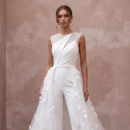 White Crepe Tailored Jumpsuit with Detachable Tulle Overskirt