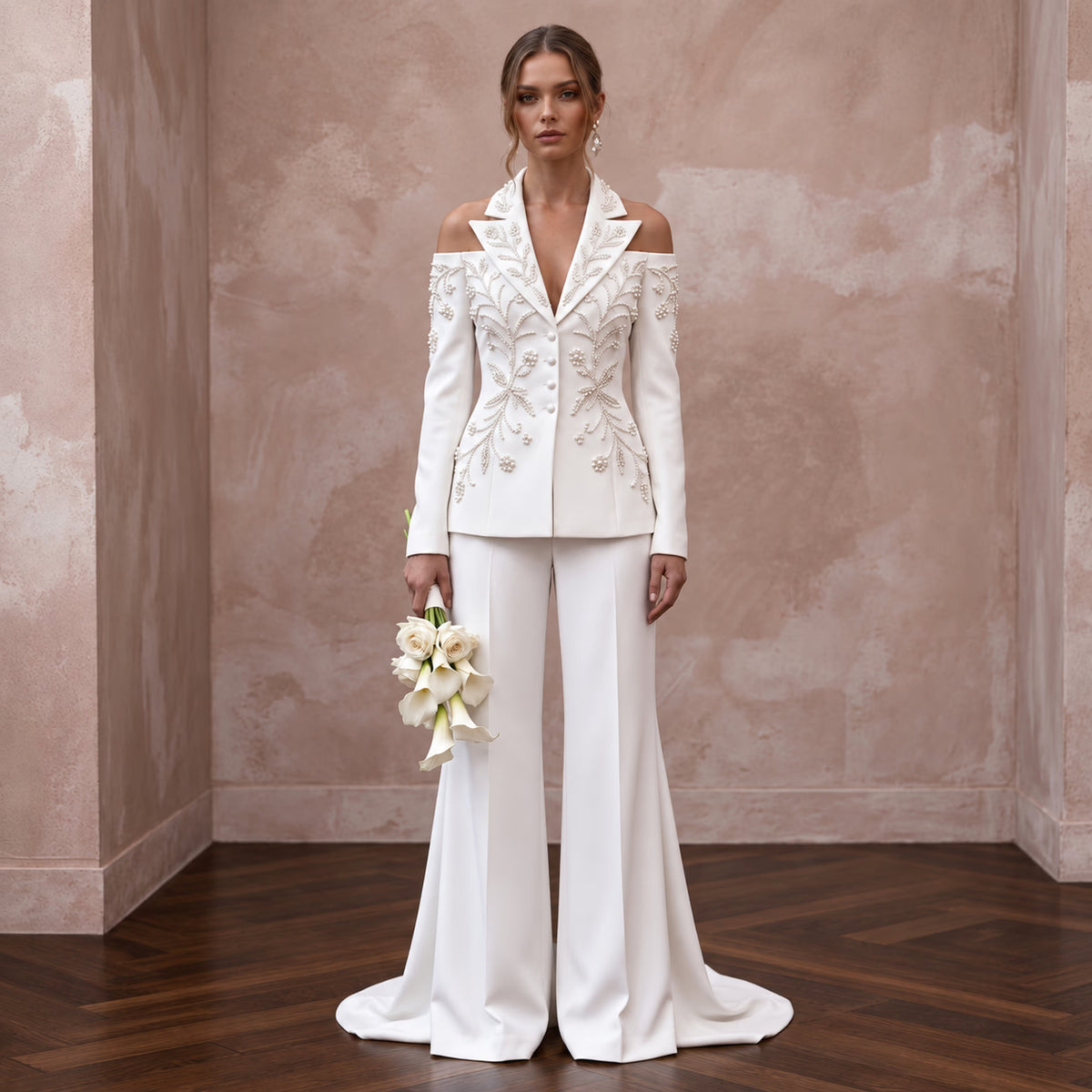 White Crepe Two-Piece Bridal Suit with Wide Leg Pants for Courthouse