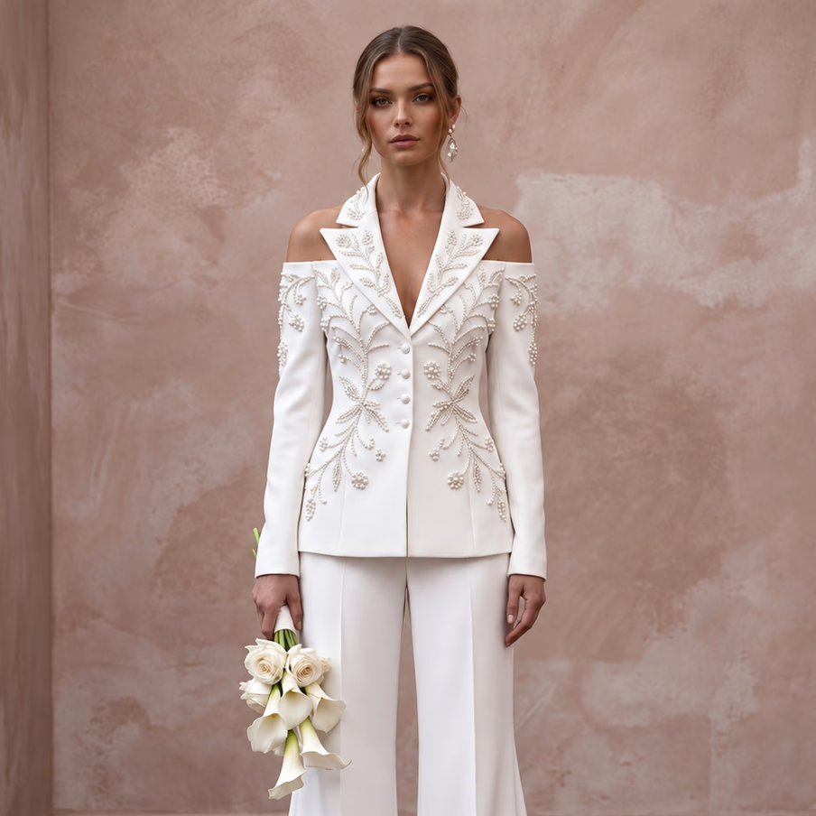 White Crepe Two-Piece Bridal Suit with Wide Leg Pants for Courthouse