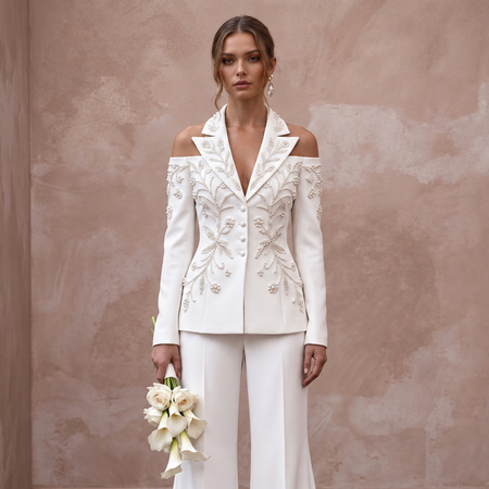 White Crepe Two-Piece Bridal Suit with Wide Leg Pants for Courthouse