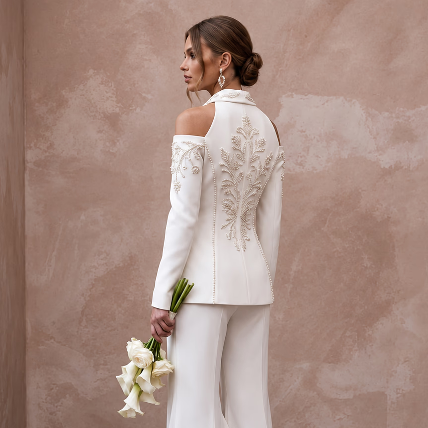 White Crepe Two-Piece Bridal Suit with Wide Leg Pants for Courthouse