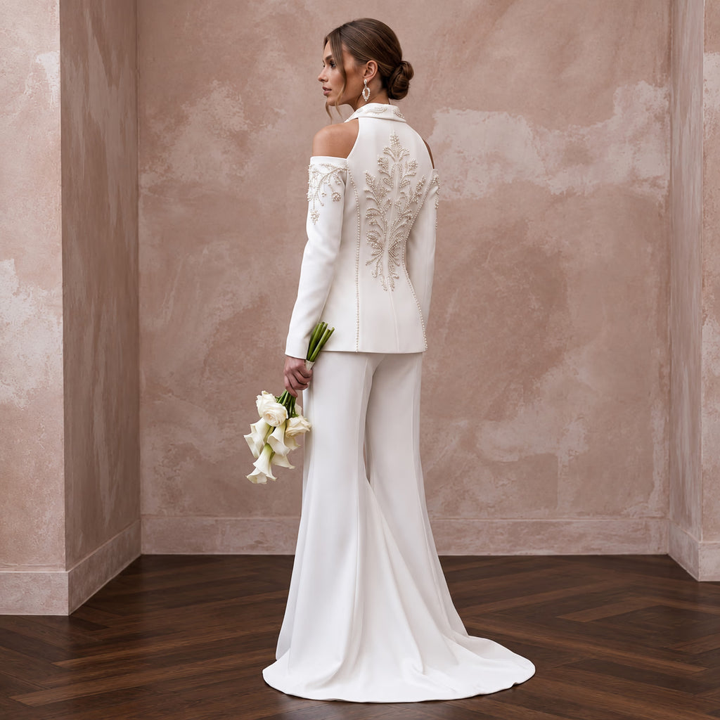 White Crepe Two-Piece Bridal Suit with Wide Leg Pants for Courthouse