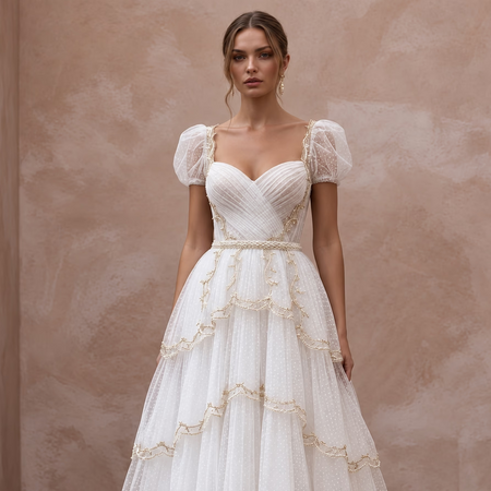 White Dotted Swiss Tulle Tea-Length Dress for 1950s Themed Reception