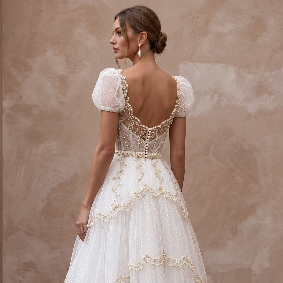 White Dotted Swiss Tulle Tea-Length Dress for 1950s Themed Reception