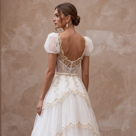 White Dotted Swiss Tulle Tea-Length Dress for 1950s Themed Reception