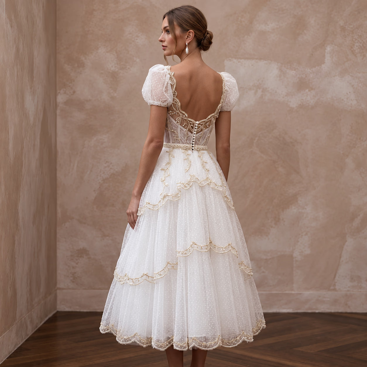 White Dotted Swiss Tulle Tea-Length Dress for 1950s Themed Reception Secondary image