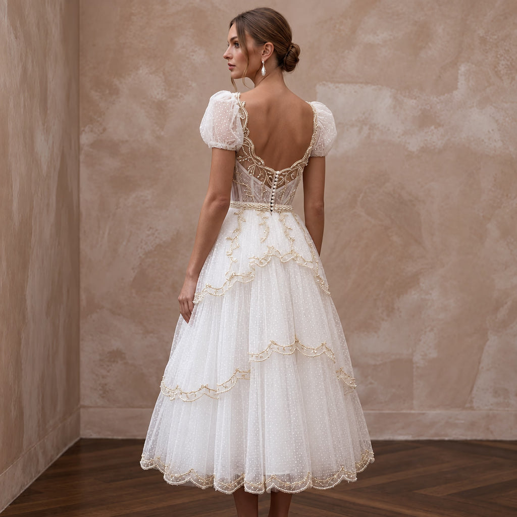White Dotted Swiss Tulle Tea-Length Dress for 1950s Themed Reception