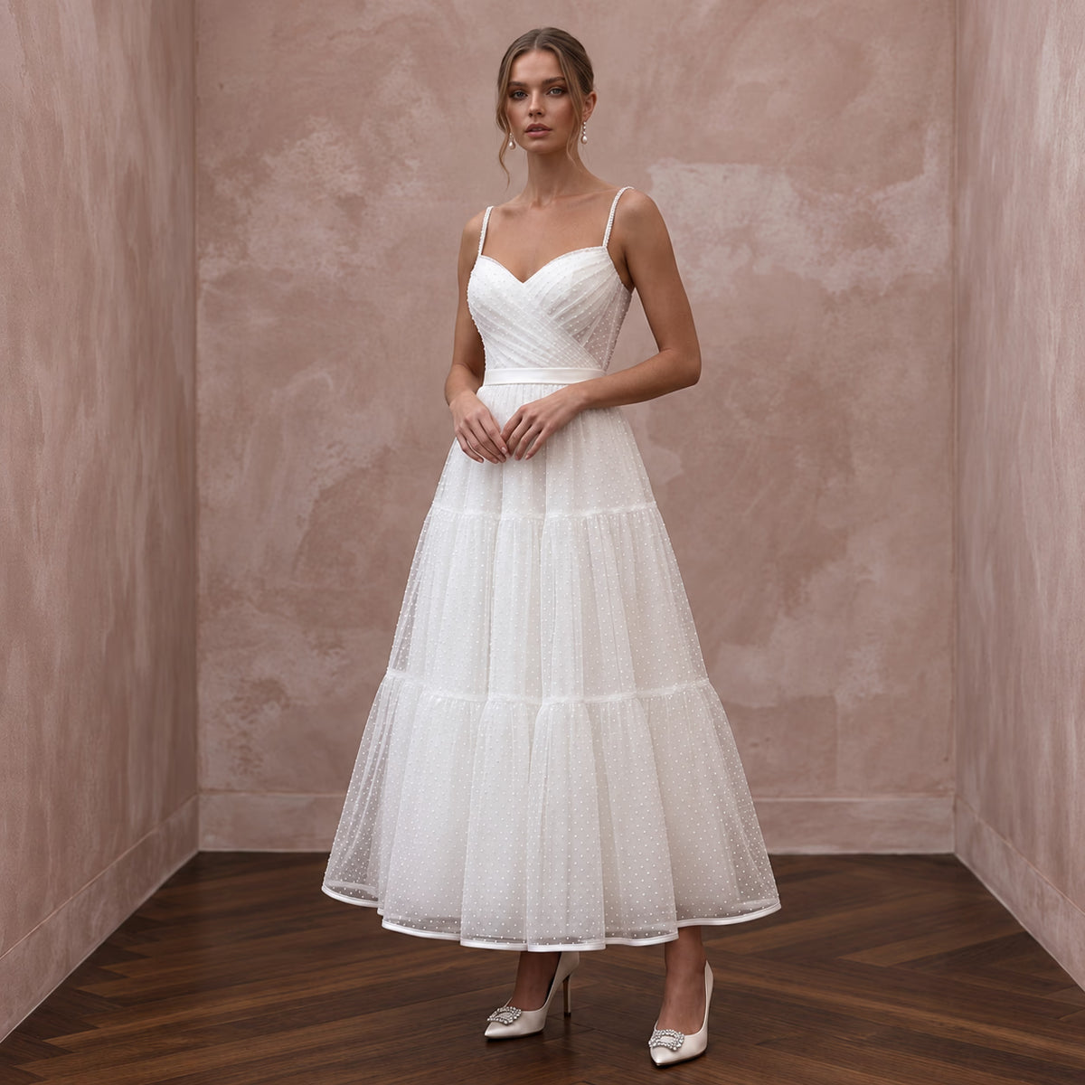 White Dotted Swiss Tulle Tea - Length Dress for 1950s Themed Vows - Apparel & Accessories > Clothing > Wedding & Bridal Party Dresses > Wedding Dresses - Mignonette Bridal Main image