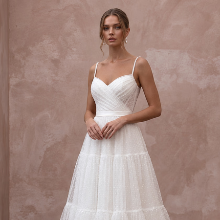 White Dotted Swiss Tulle Tea - Length Dress for 1950s Themed Vows - Apparel & Accessories > Clothing > Wedding & Bridal Party Dresses > Wedding Dresses - Mignonette Bridal