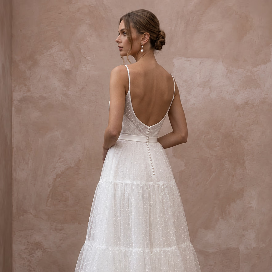 White Dotted Swiss Tulle Tea - Length Dress for 1950s Themed Vows - Apparel & Accessories > Clothing > Wedding & Bridal Party Dresses > Wedding Dresses - Mignonette Bridal