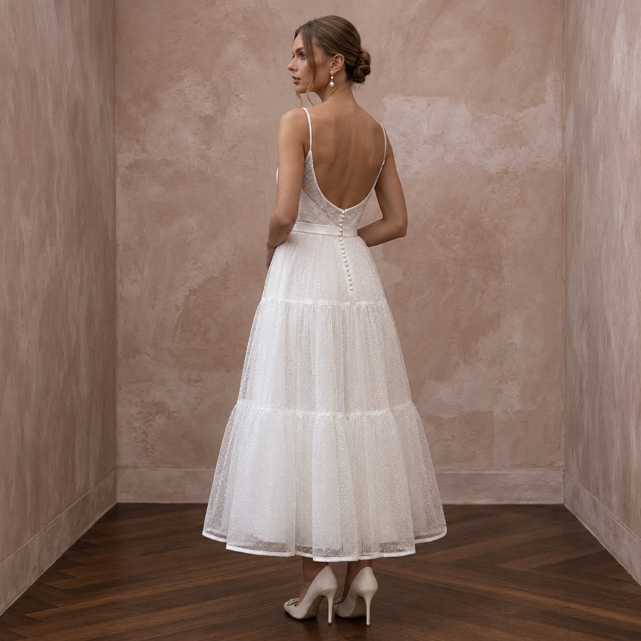 White Dotted Swiss Tulle Tea-Length Dress for 1950s Themed Vows Secondary image