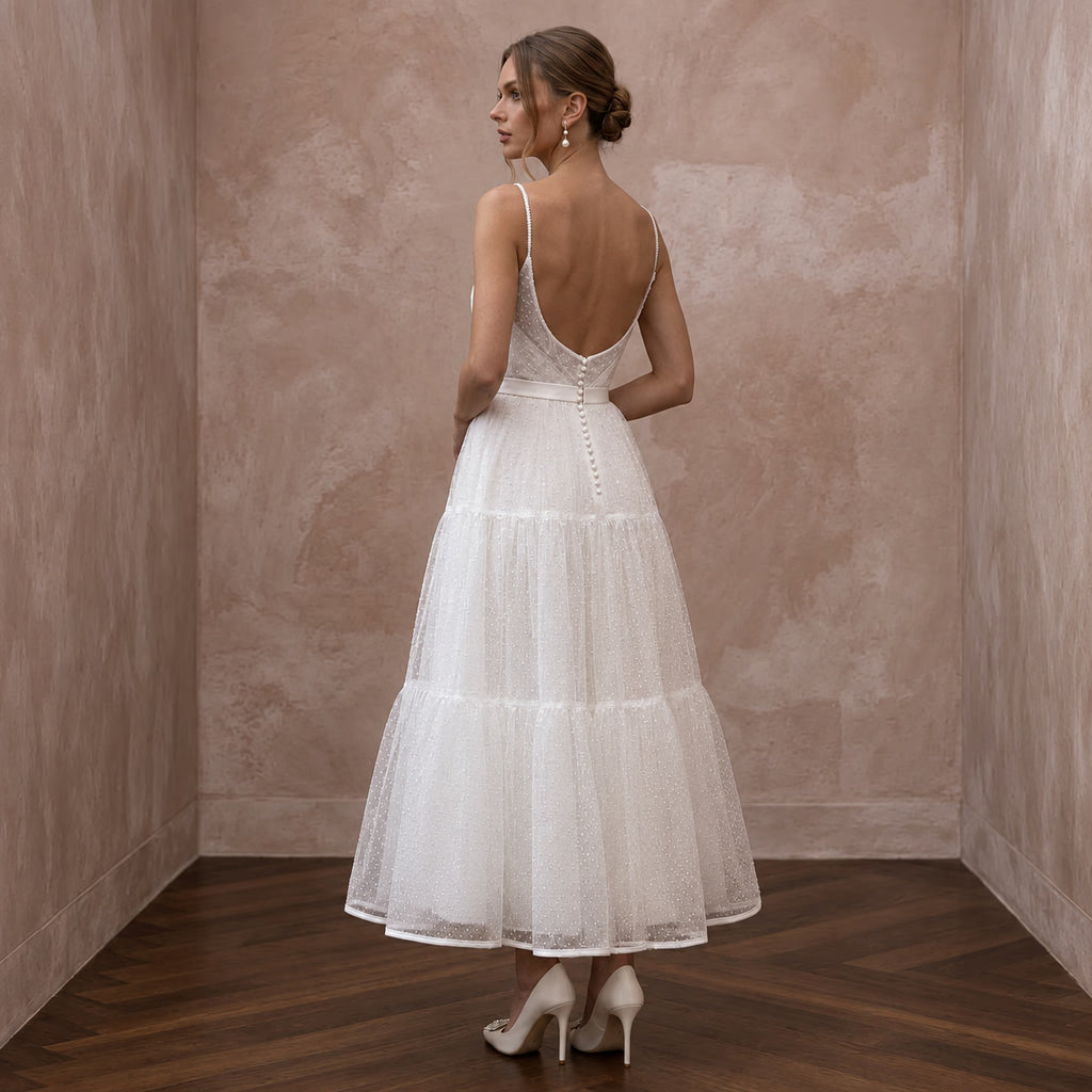 White Dotted Swiss Tulle Tea - Length Dress for 1950s Themed Vows - Apparel & Accessories > Clothing > Wedding & Bridal Party Dresses > Wedding Dresses - Mignonette Bridal