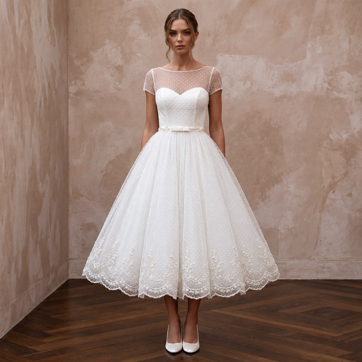 White Dotted Swiss Tulle Tea-Length Dress for 1950s Vow Renewal