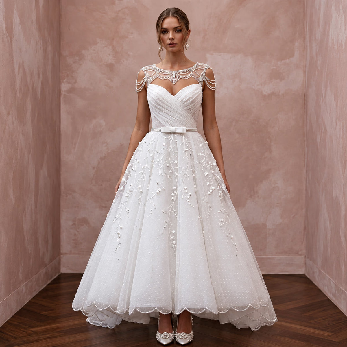 White Dotted Swiss Tulle Tea-Length Dress for 1950s Vow Renewal