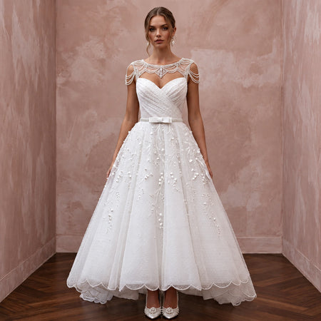 White Dotted Swiss Tulle Tea-Length Dress for 1950s Vow Renewal