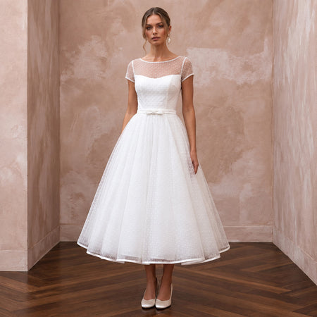 White Dotted Swiss Tulle Tea - Length Dress for 1950s Vow Renewal - Apparel & Accessories > Clothing > Wedding & Bridal Party Dresses > Wedding Dresses - Mignonette Bridal