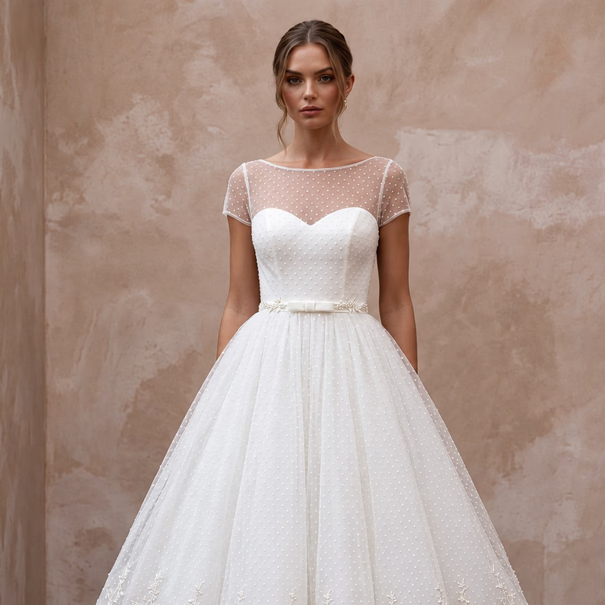 White Dotted Swiss Tulle Tea-Length Dress for 1950s Vow Renewal