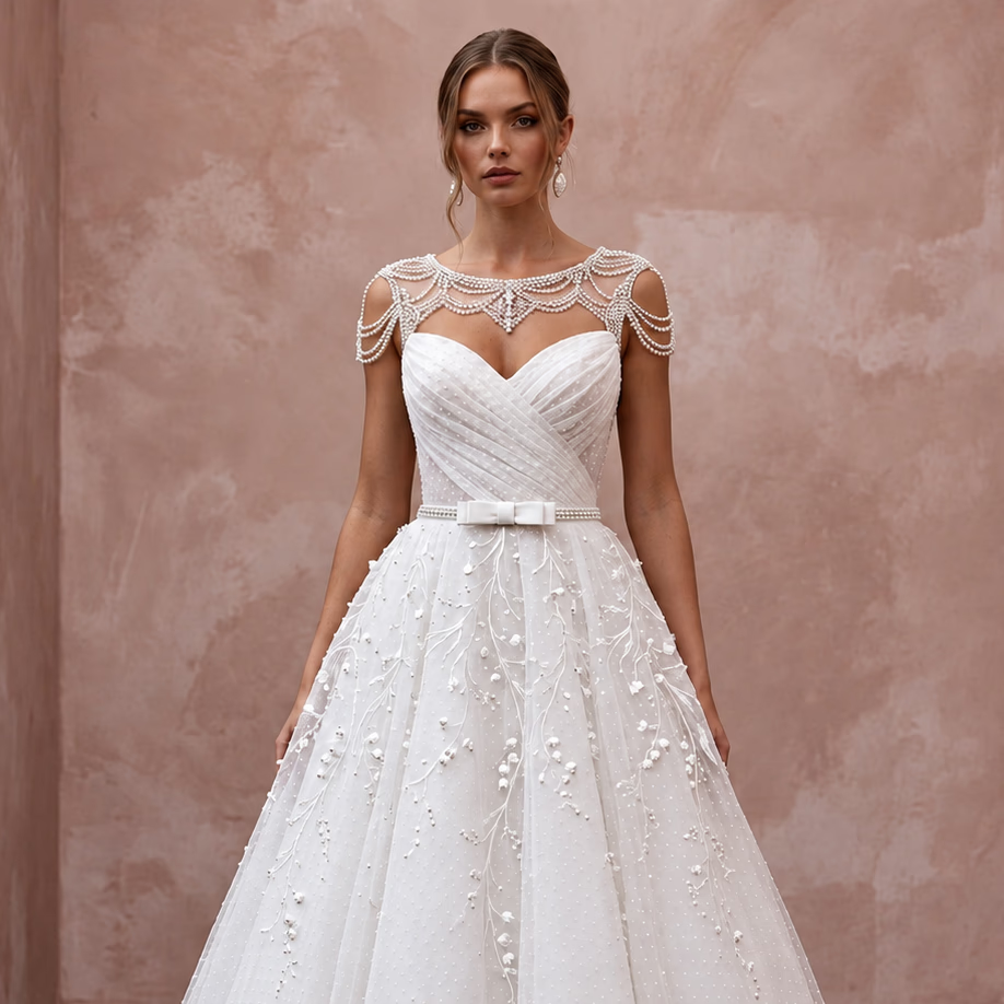White Dotted Swiss Tulle Tea-Length Dress for 1950s Vow Renewal