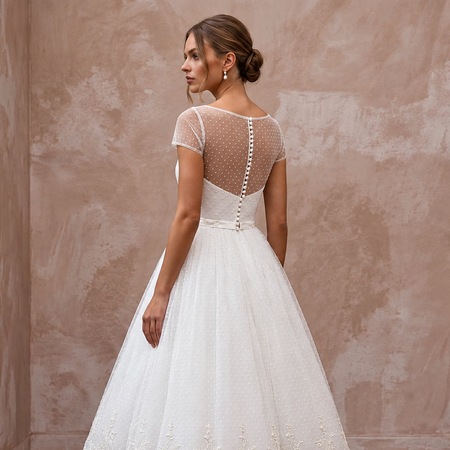 White Dotted Swiss Tulle Tea-Length Dress for 1950s Vow Renewal