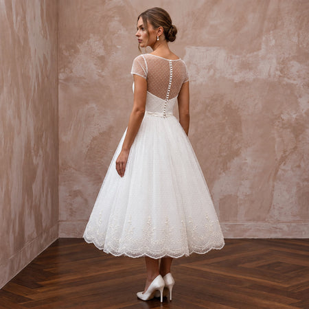 White Dotted Swiss Tulle Tea-Length Dress for 1950s Vow Renewal